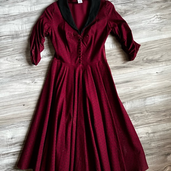 Unique Vintage Dresses & Skirts - Unique Vintage Maroon Swing Dress with Black Polka Dots